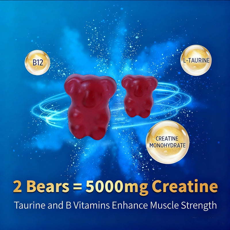 Creatine Gummies, 5000mg per Serving, with Added Taurine and Vitamin B12, Easily Supports pre- and Post-Workout Performance and Muscle Strength, Berry-Flavoured Vegan Gummies（60）