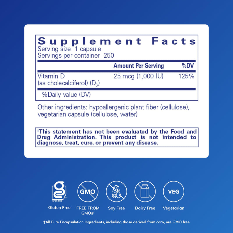 Pure Encapsulations Vitamin D3 25 mcg (1,000 IU), 250 Capsules | Supplement to Support Bone, Joint, Breast, Heart, Colon and Immune Health*, with Premium Vitamin D 250 Count (Pack of 1)