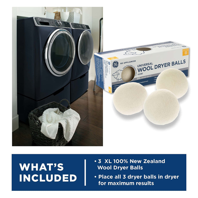 GE Appliances Wool Dryer Balls, XL 3 inch Reusable Natural Fabric Softener Made of 100% Pure New Zealand Wool, Set of 3 1