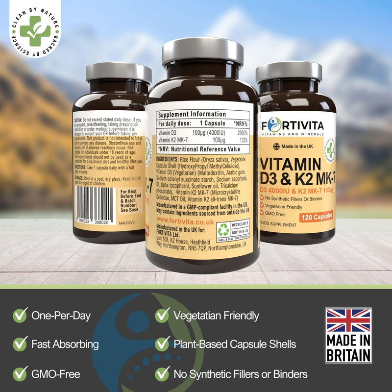 Vitamin D3 4000 IU & K2 MK-7 100mcg - High Strength Supplement for Bone & Immune Support - Vegetarian Friendly - No Synthetic Fillers - 120 Capsules (4 Month Supply)