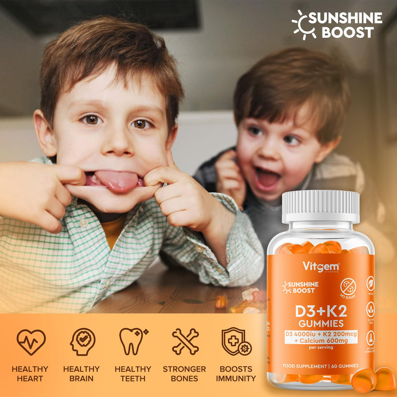 60 Gummies - Vitamin D3 4000 IU + K2 100 µg - Orange Flavored Gummy for Immune and Bone Health Support - High Strength Sunshine Vitamin D Supplement - Vegan, Gluten Free & Sugar Free 60 count (Pack of 1)