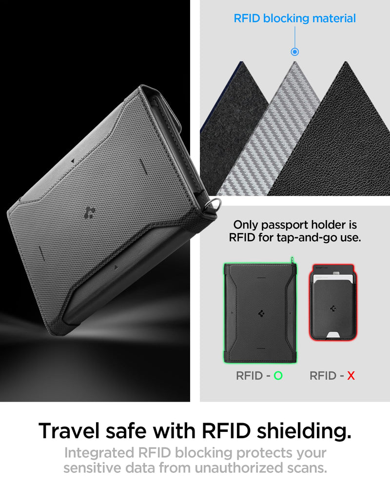 Spigen Life Passport Card Cover Holder, RFID Blocking | Travel Document Organizer, SIM Card Pin Included - Black Black - with MagSafe Card Holder