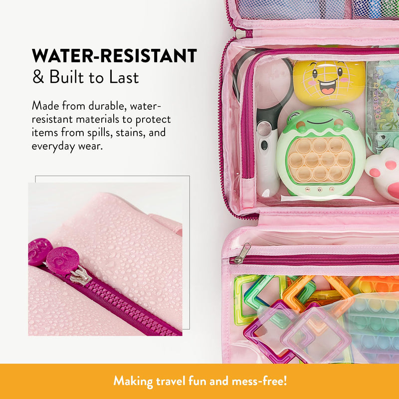 Kids Travel Organizer – Multi-Compartment, Water-Resistant Hanging Bag for Toys, Snacks, & Activities - Compact, Lightweight Design with Hook & Carry Handle - Perfect for Travel Use (Pink, Large) Pink