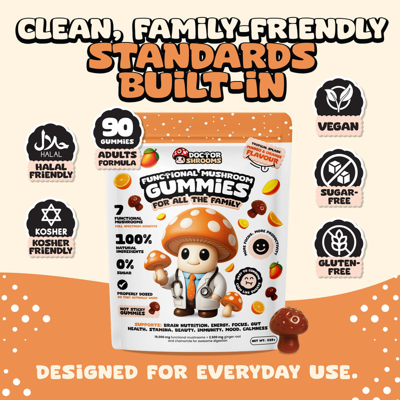 Mushroom Gummies for Adults | Multi Functional Blend with Lion’s Mane & Cordyceps | Focus, Energy & Immune Balance Support | Vegan & Sugar Free | 90 Gummies (Mango and Orange) Mango and Orange