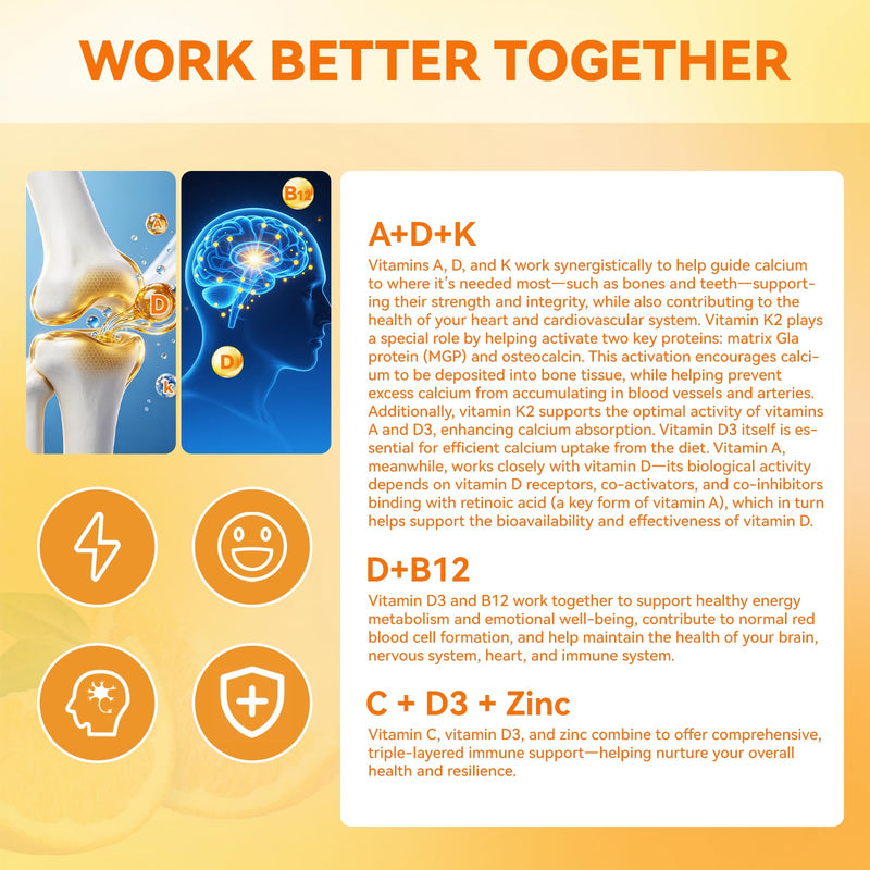 Vitamin D3 B12 Gummies,ADK+Vitamin B12 Multivitamin for Women Men | Vitamin D3 5000 IU 2000mcg B12 with Vitamin A,K2,B6,C,Zinc,Supplement for Eye,Bone,Energy,Nerve,Immune Support