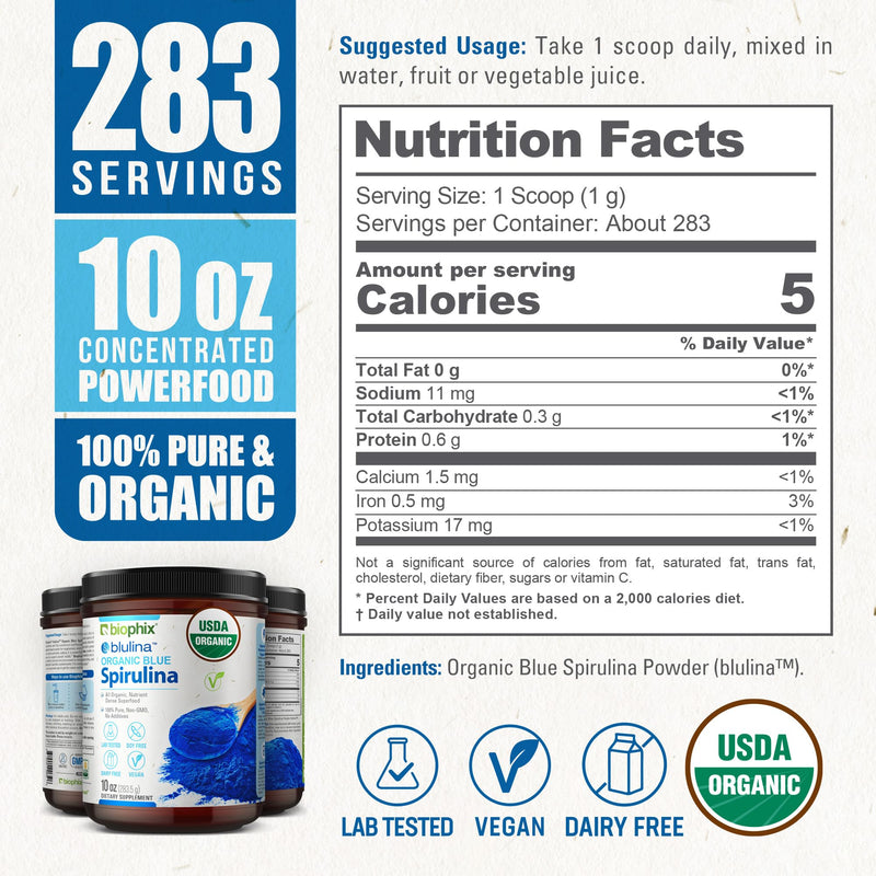 [Australia] - biophix Blue Spirulina Powder Organic Blulina 10 oz - Algae Organic Spirulina Powder 283 Servings - Superfood Supplement - Natural Blue Pigment - Espirulina en Polvo Organica Pura Azul 10 Ounce (Pack of 1) 