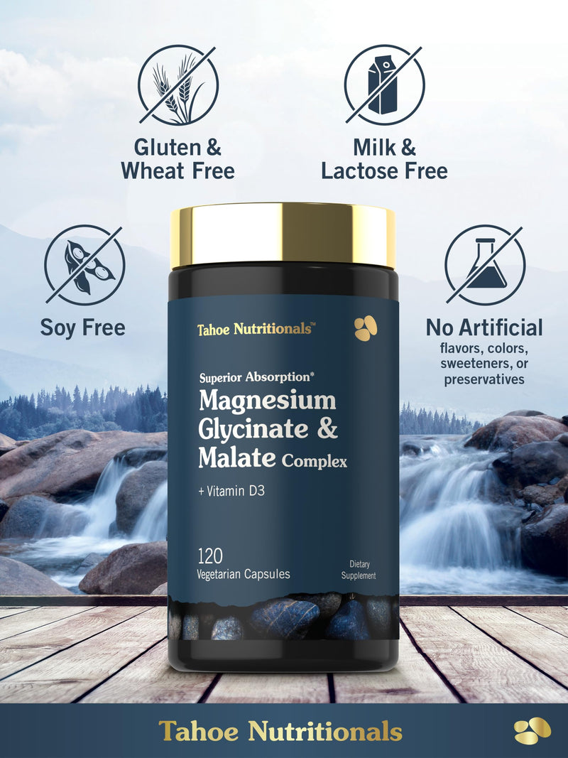 Tahoe Nutritionals Magnesium Glycinate and Malate Complex with Vitamin D3 | 120 Capsules | Superior Absorption | Non-GMO and Gluten Free