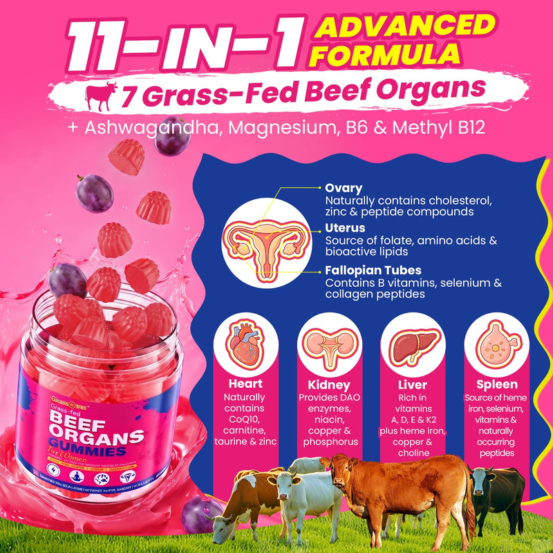 Beef Organ Supplement for Women- Grass Fed Beef Liver Gummies, Sugar Free | Grass-Fed Liver, Heart,Kidney, Spleen, Uterus,Ovary, Fallopian Tube, Magnesium for Energy, Cortisol & Hormone Balance, 2Pack