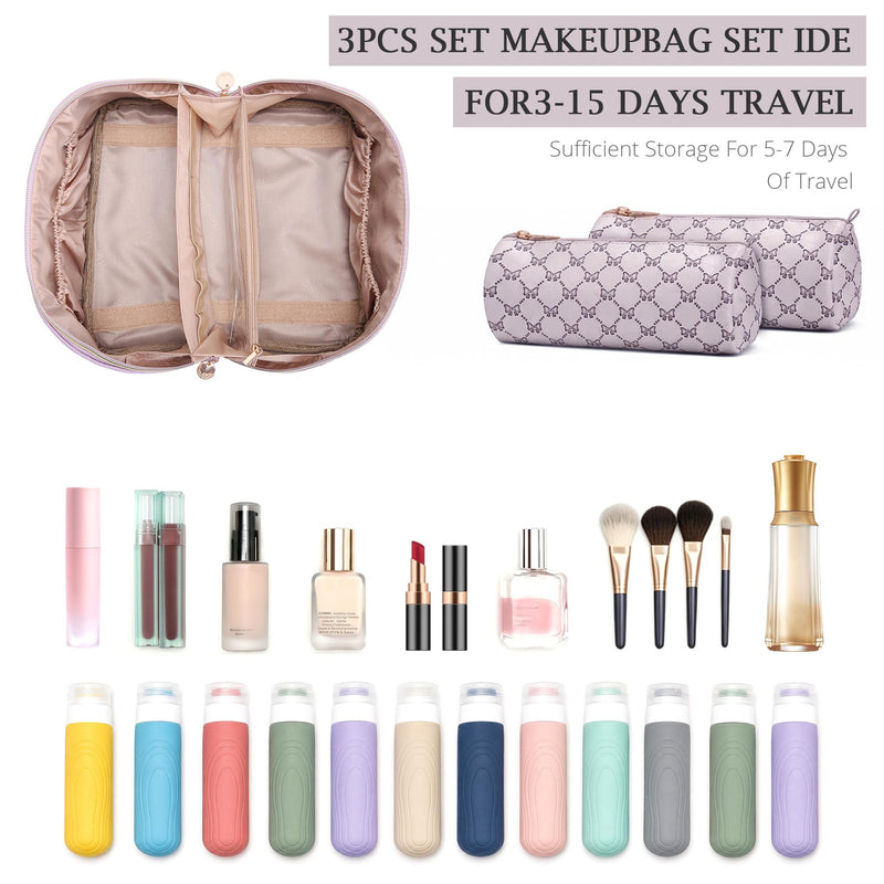 Travel Makeup Bags for Women: 3 Pcs Set Luxury Bow Print Make up Bag - Large Capacity Cute Cosmetic Case - 3–15 Day Travel Toiletry Organizer Bag, Comes with An Gift Box(Moon mist gray) 07 Moon mist gray