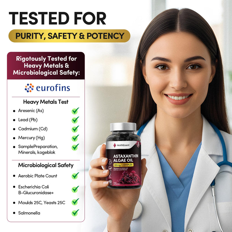 HealthEssent Astaxanthin High Strength Algae Oil 80mg Complex - Microalgae Carotenoid from Haematococcus Pluvialis - 90 Vegan Softgel Capsules - Antioxidant Supplements for Skin & Eyes, Non-GMO