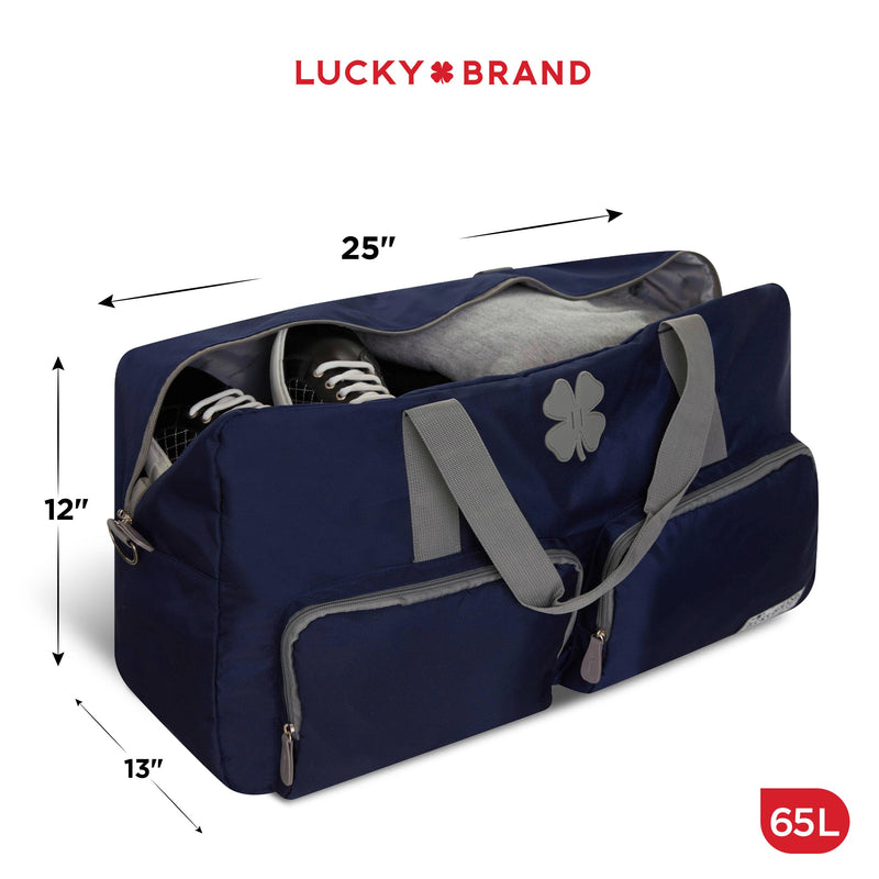 Lucky Brand Large Duffle Bag for Travel, Foldable Weekender Overnight Bag | Travel Duffel bag, Adjustable Shoulder Strap, Front Zip Pockets, Spacious Capacity, Unisex Lightweight Travel Bag for Flights Navy 65L