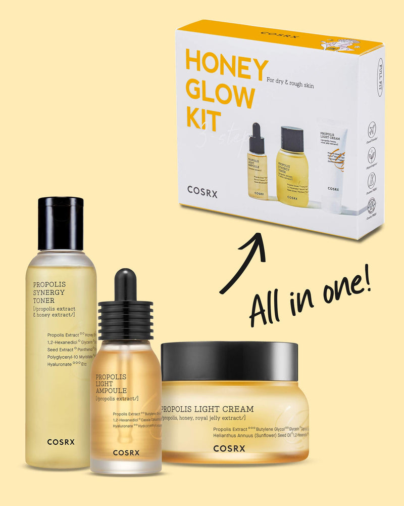 COSRX Honey Glow Kit | Facial Toner, Serum, Cream with Propolis Extract | Deep Moisture, Hydration, Nourishment | Travel Size Set, Gift Set, Korean Skincare, Not Tested on Animals, Paraben Free Honey Set