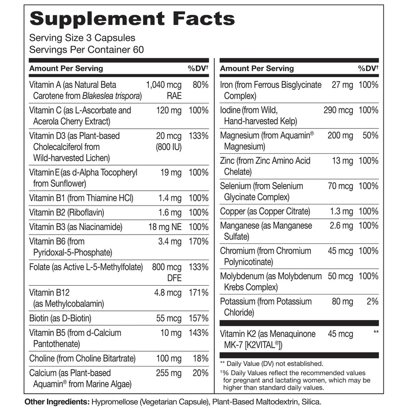 NATURELO Prenatal Multivitamin with Choline & Folate, 180 Capsules | Multivitamin with iron, plant calcium, vegan, vegetarian, Non-GMO, gluten free, 2 month supply 180 Count (Pack of 1)
