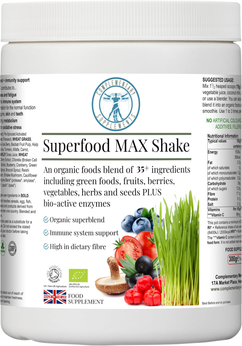 Superfood MAX Shake - 35 Superfoods - Organic Supergreens - 20 Servings - Pure & Vegan - 300g Powder
