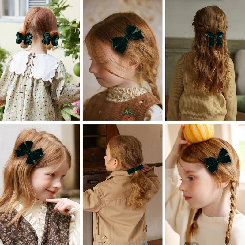 Christmas Dark Green Velvet Ribbon Hair Bow Clips 3" Cute Fall Dress Bow Alligator Barrettes for Toddler Teen Baby Girls Kids Holiday Party Decor Accessories Xmas Gift Set of 12