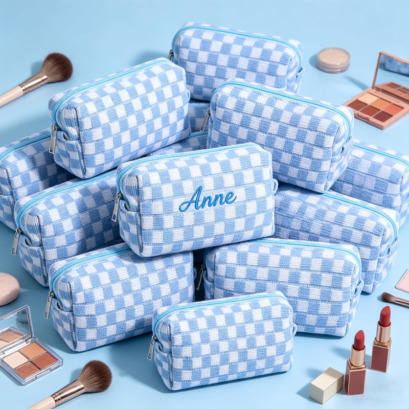 Giesiery Checkered Makeup Bag Bulk Cosmetic Organizer for Women & Teens Preppy Travel Toiletry Pouch for Skincare & Brushes Bridesmaid Proposal Gifts (24, Blue) 24