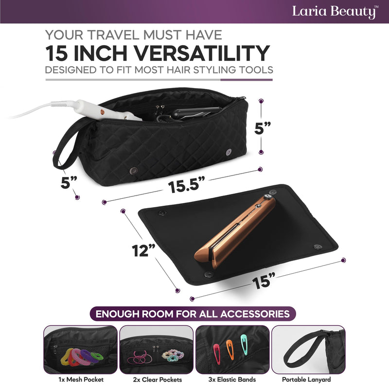 [Australia] - 2-in-1 Hot Hair Tools Travel Bag, Removable Heat-Resistant Silicone Mat, Clear Pockets for Accessories, Protects Surfaces from Burns, Ideal for Curling & Flat Irons, Includes Heat-Resistant Glove Black - Jet Luxe 