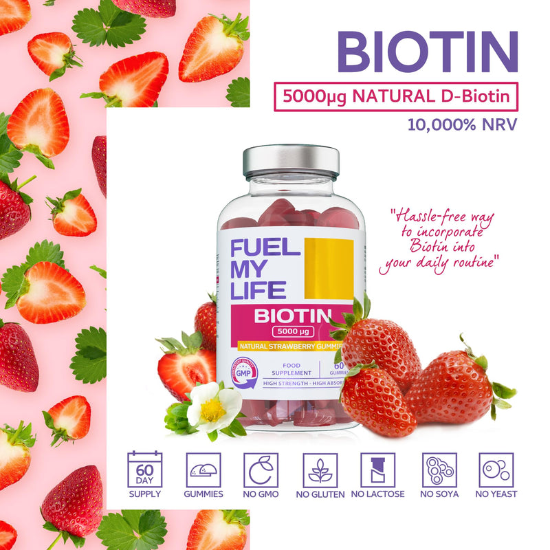 Biotin Gummies 10,000mcg – 60 Vegan Vitamins - Natural Strawberry Flavoured Two Yummy Gummy Daily Dose - Supports Normal Skin & Hair Growth - Chewable - No Artificial Sweeteners – UK Made