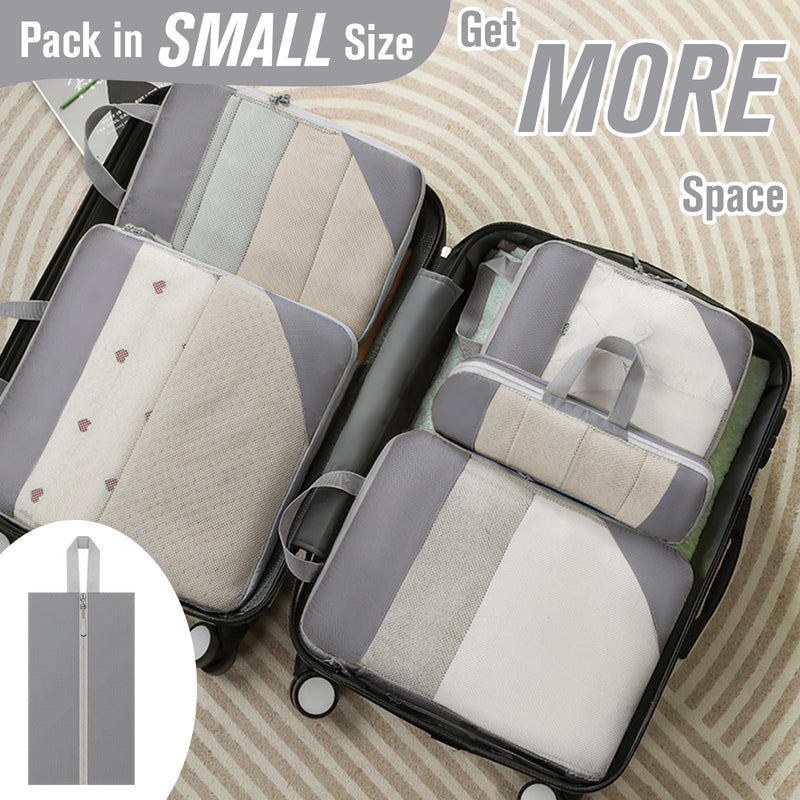 WOOMADA Compression Packing Cubes for Suitcases Travel Essentials 6 Set Rectangle Mesh Expandable Travel Bags Organizer for Luggage 6 Set (1S+1M+1L+1XL+Shoe Bag+Socks/Underwear Bag) Light Grey