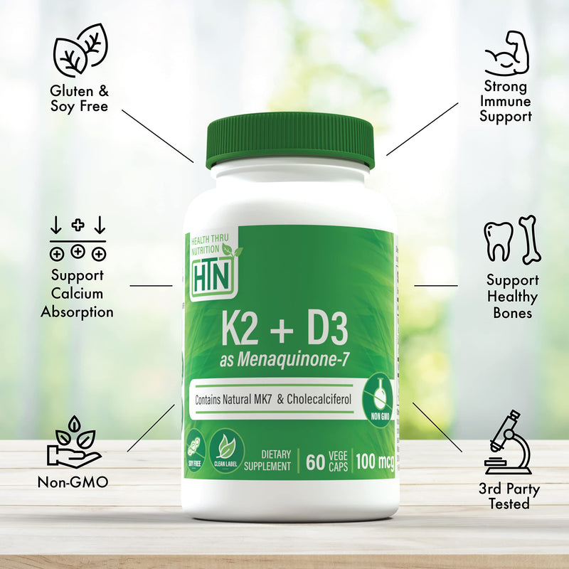 Advanced K2 (MenaQ7) (100mcg) with Vitamin D3 (1000 IU) 60 VegeCaps - The only Clinically Validated, Patented K2 on the market today plus 1000 IU of Vitamin D3 for optimal Heart and Bone Health Unflavored 1 Count (Pack of 1)