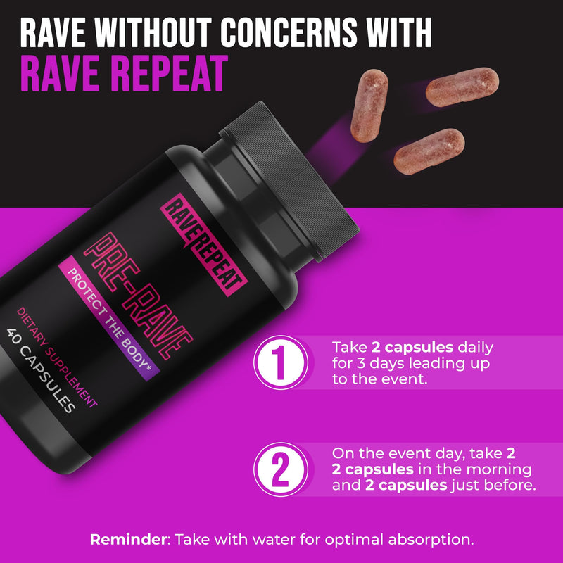 Pre-Rave Supplement CoQ10 Magnesium Green Tea Energy Festival, 40 Capsules | 5-HTP Free Rave Vitamins with CoQ10, Magnesium, Green Tea and Essential Vitamins for Festival Energy Wellness and Jaw Support