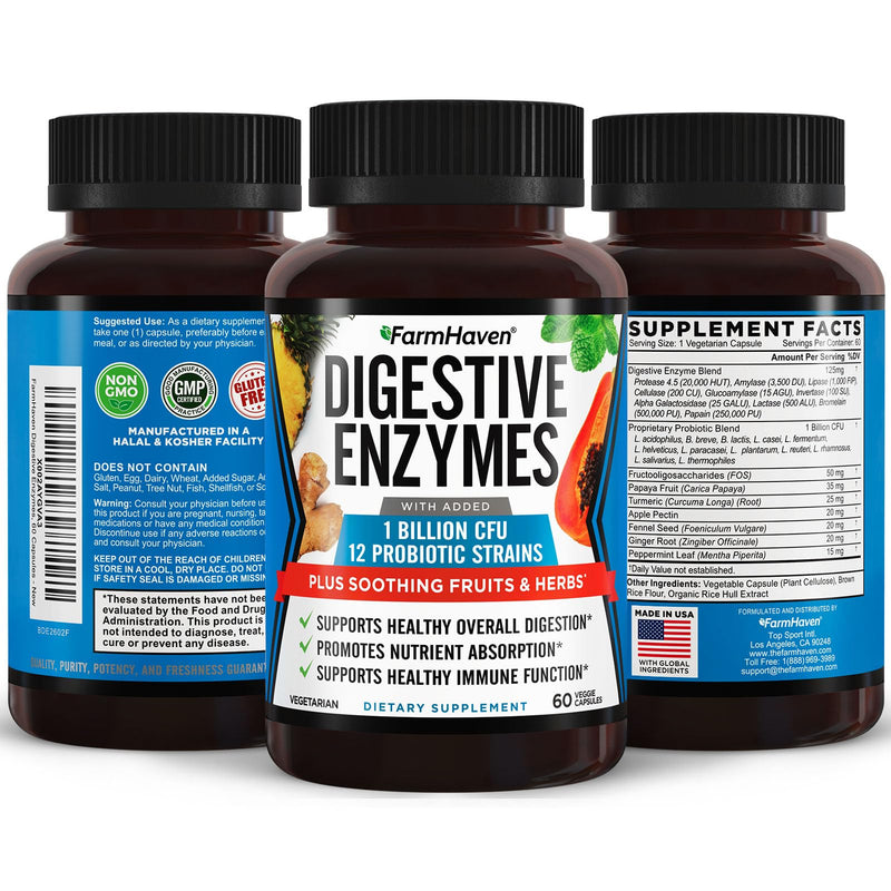 FarmHaven Digestive Enzymes with 18 Probiotics & Herbs, 180 Capsules | Papaya, Bromelain, Protease & More for Lactose Absorption and Better Digestion - Helps Relieve Bloating, Gas and Constipation