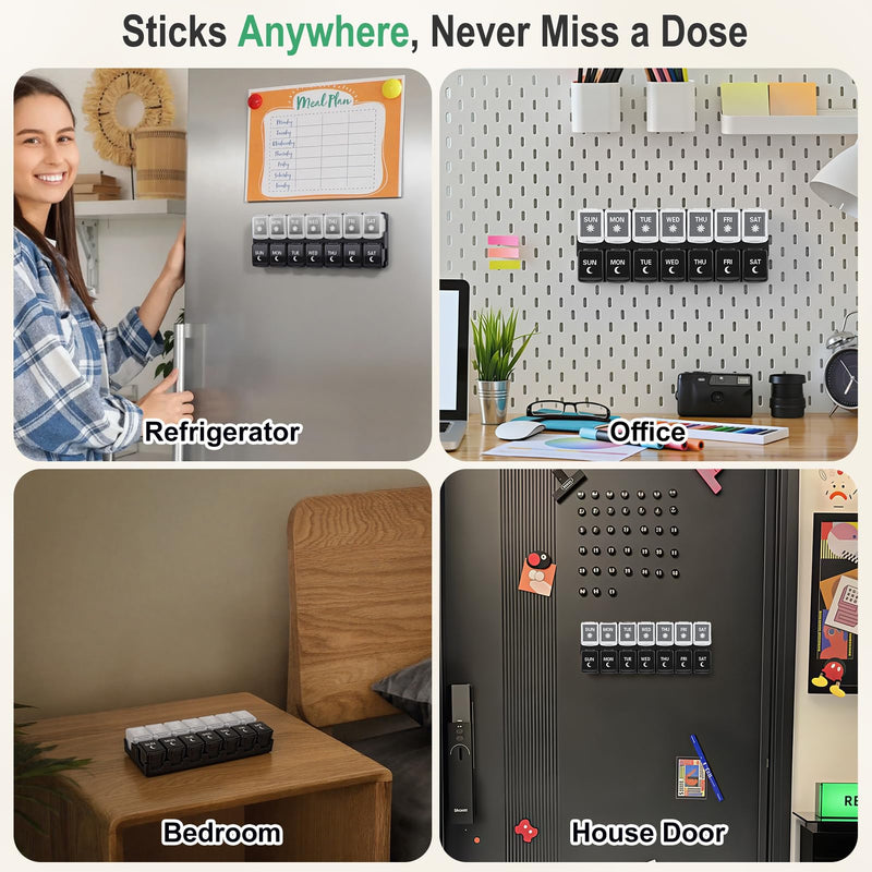 Weekly Pill Organizer 2 Times a Day,Magnetic Pill Case for Fridge-Black | 7-Day AM/PM Medicine Planner with 14 Detachable Compartments, Easy Open for Big Vitamins, Supplements, Medication Black+white
