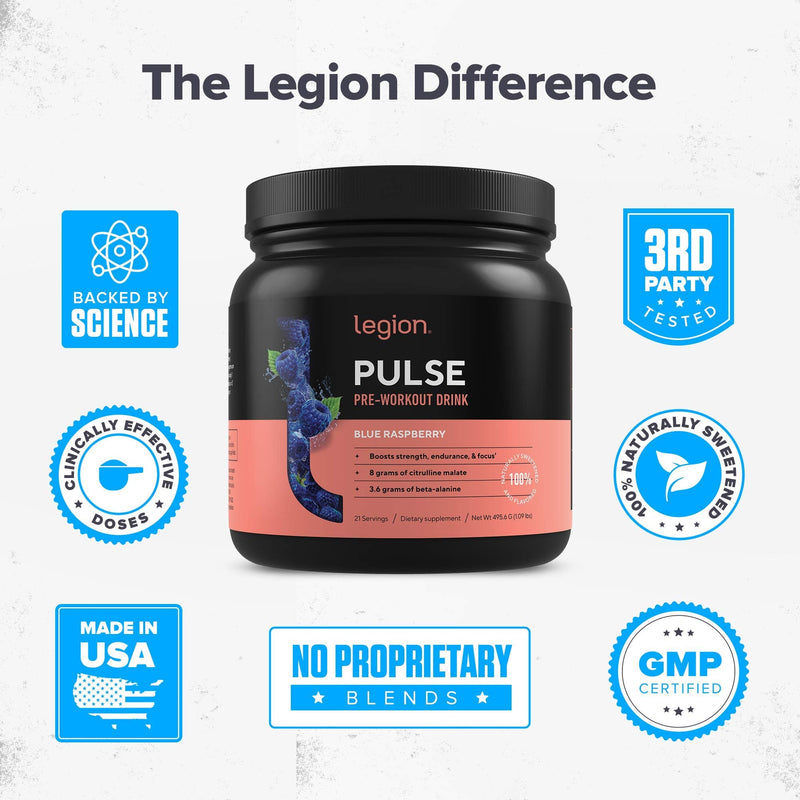 [Australia] - LEGION Pulse Pre Workout Supplement - All Natural Nitric Oxide Preworkout Drink to Boost Energy, Creatine Free, Naturally Sweetened, Beta Alanine, Citrulline, Alpha GPC (20 Servings, Blue Raspberry) 