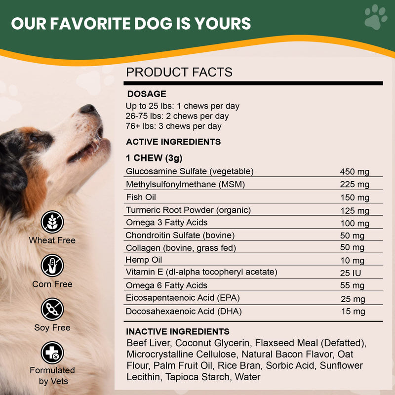 Veterinary Naturals Hemp & HIPS Joint Supplement for Dogs - 60 Soft Chews for Dog Hip and Joint Supplement with Glucosamine for Dogs, MSM, & Turmeric (Beef & Bacon) Beef & Bacon Regular - PawsPlanet Australia