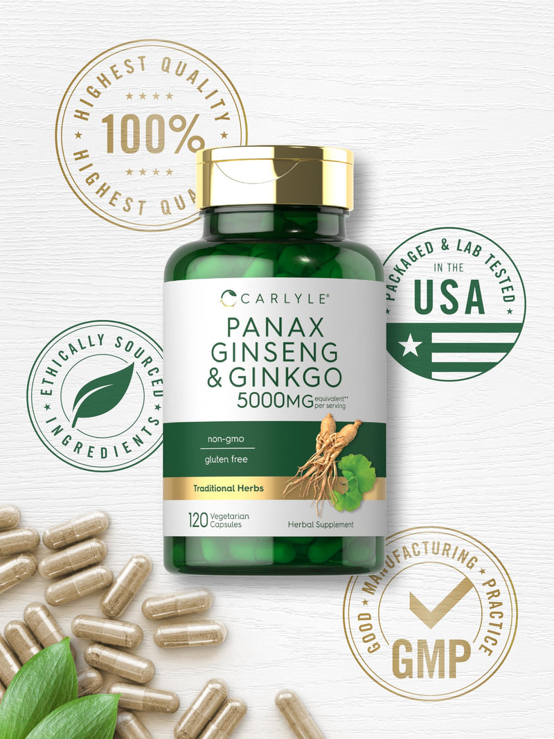 Carlyle Panax Ginseng + Ginkgo Biloba | 120 Vegetarian Capsules | 5,000mg | Vegetarian, Non-GMO, and Gluten Free Supplement