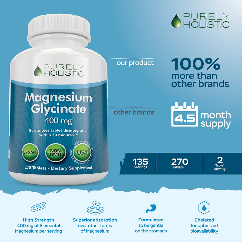 [Australia] - Magnesium Glycinate 400mg - 270 Magnesium Tablets (not capsules) - 400 mg Elemental Magnesium Vegan and Vegetarian 