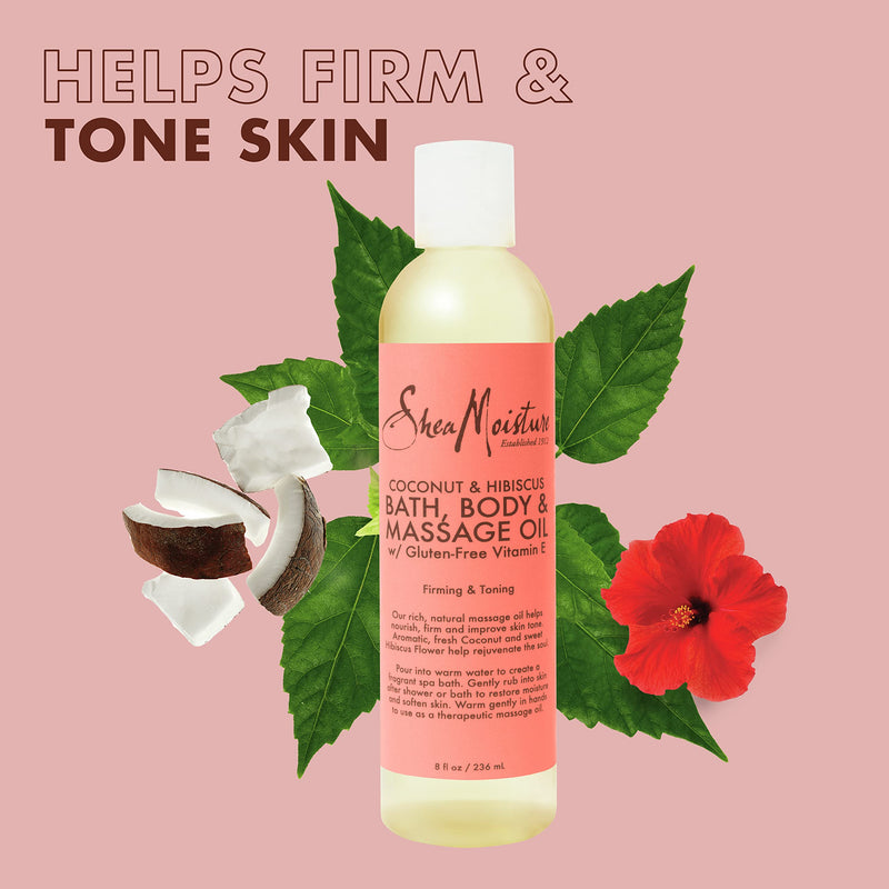 Shea Moisture Coconut & Hibiscus Massage Oil and Body Oil for Dry Skin, Bath Oil with Coconut Oil and Vitamin E Oil for Skin, 8 oz | For Dull Skin. Creates glowing skin.