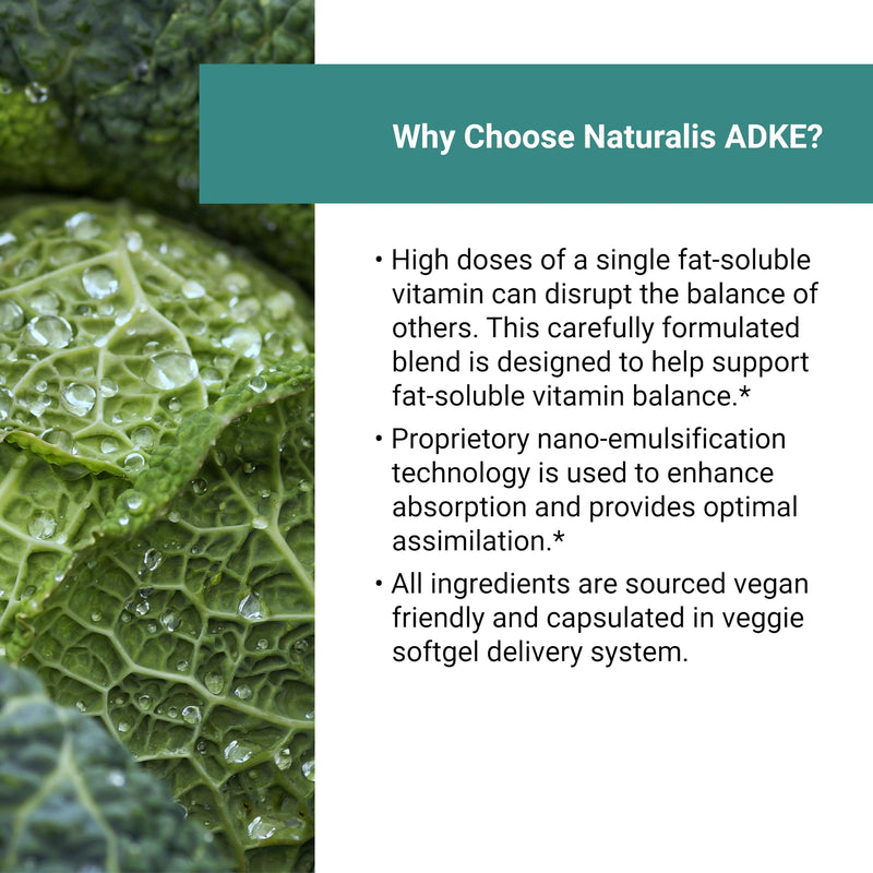 Naturalis Vegan Vitamin ADK with 50mg Tocotrienol and CoQ-10 | Nano-Emulsified in EVOO for Better Absoprtion | Non-GMO, Soy Free and Vegan Society Certified | 60 Veggie Softgels (Carrageenan Free) 60 Count (Pack of 1)