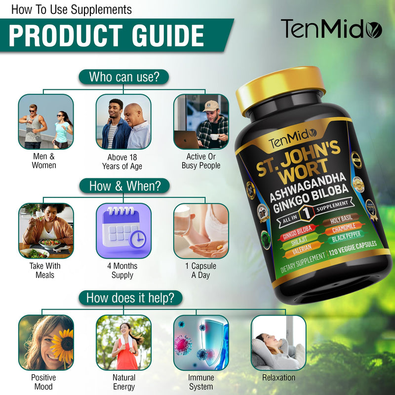 [Australia] - St.John's Wort Supplement - 8in1 Formula - Combine with Ashwagandha, Ginkgo Biloba, Shilajit, Valerian, Holy Basil, Chamomile, and Black Pepper - 120 Vegan Capsules for 4 Months Supply 