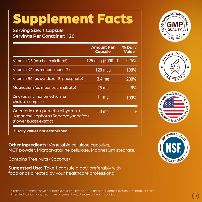 [Australia] - Sandhu's Vitamin D3 K2 Magnesium 5000 IU, 120mcg K2 Capsules 120 Count (Pack of 1) | with VIT B6, Zinc & Quercetin | D3K2 Supports Superior Absorption, Energy, Immune, Muscle Health for Men & Women 120 Count (Pack of 1) Vitamin D3 K2 5000 IU 