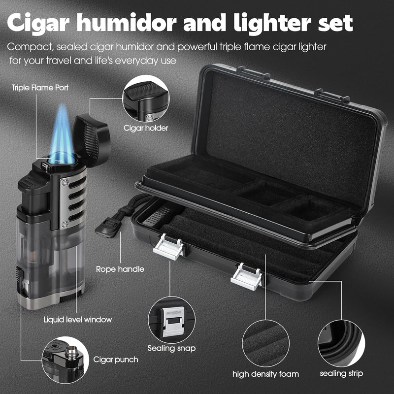 [Australia] - Cigar Humidor, Portable Travel Cigar Box, Double Cigar Humidor with Separate Storage for Cigar Accessories, Cigar Travel Case with Cigar Lighter(No Butane), Holds 5 Cigars (Black) Black 