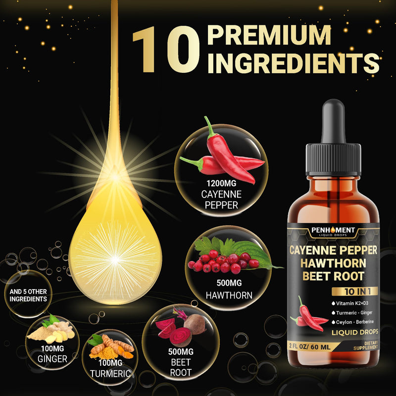 [Australia] - 10in1 Cayenne Pepper Liquid Drops + Hawthorn Berry, Vitamin D3 K2, Beet Root, Turmeric, Ginger and More - Digestion Support - 2 Fl Oz - 2 Months Supply 2 Fl Oz (Pack of 1) 