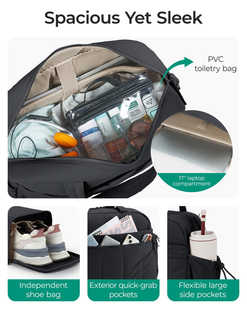 BAGSMART Duffle Bag for Travel, Gym Bag for Women, Weekender Carry on | PVC Wet Pocket, Airline Approved Personal Carry-on Size, Fits Under-seat, One Bag for Gym, Travel, Hospital, Overnight Black Large