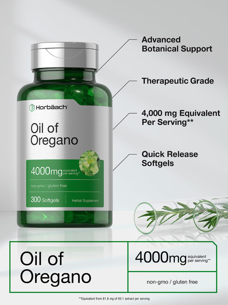 Horbäach Oregano Oil | 4000mg | 300 Softgel Capsules | Naturally Occurring Carvacrol | Non-GMO and Gluten Free Extract Formula