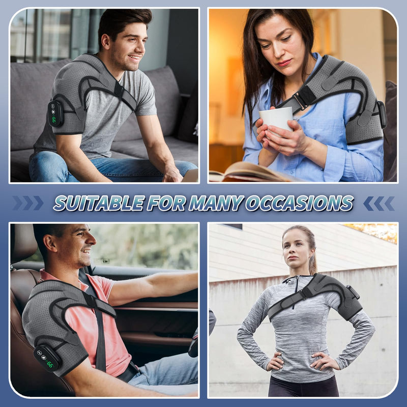 Cordless Heated Shoulder Brace with Vibration, 3 Heat & Massage Settings, Shoulder Heating Pad for Pain Relief, Adjustable Shoulder Warmer for Men and Women(Grey)