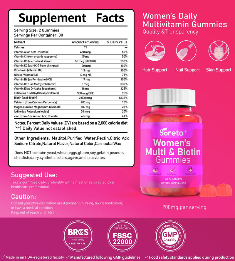 Women’s Multivitamin Gummies with Biotin - 15 Key Nutrients, Sugar-Free Mixed Berry, Pectin-Based, 60 Count