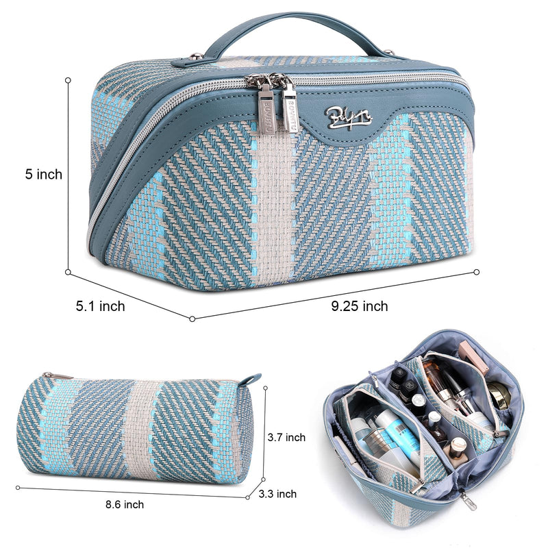 BOYATU Travel Makeup Bag Cosmetic Bag for Women: 3 Pcs Set Make up Bag with Compartments - Waterproof Vegan Leather Toiletry Bags with Handle - Makeup Organizer for Travel Essentials(C-1-Blue) C-1-Blue