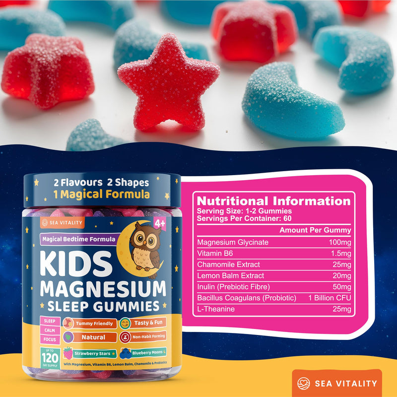 Kids Magnesium Glycinate Sleep Gummies – Calm Focus & Relaxation Support with Magnesium, B6, L-Theanine & Chamomile – Stawberry Stars & Blueberry Moons – 120 Vegan Gummies – Star & Moon Shape – Age 4+ Strawberry & Blueberry 120 count (Pack of 1)