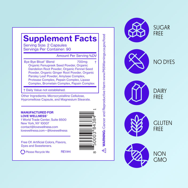 Love Wellness Bye Bye Bloat | Digestive Enzymes | 90-Day Supply | Capsules | Digestive enzyme supplement, Contains fenugreek and dandelion , Dietary supplement, Easy to take, 180 capsules