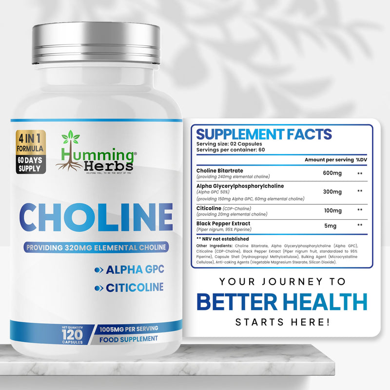 Humming Herbs Choline Complex 320mg Elemental from Alpha GPC & Citicoline | 120 Vegan Capsules | 60-Day Supply | Food Supplement