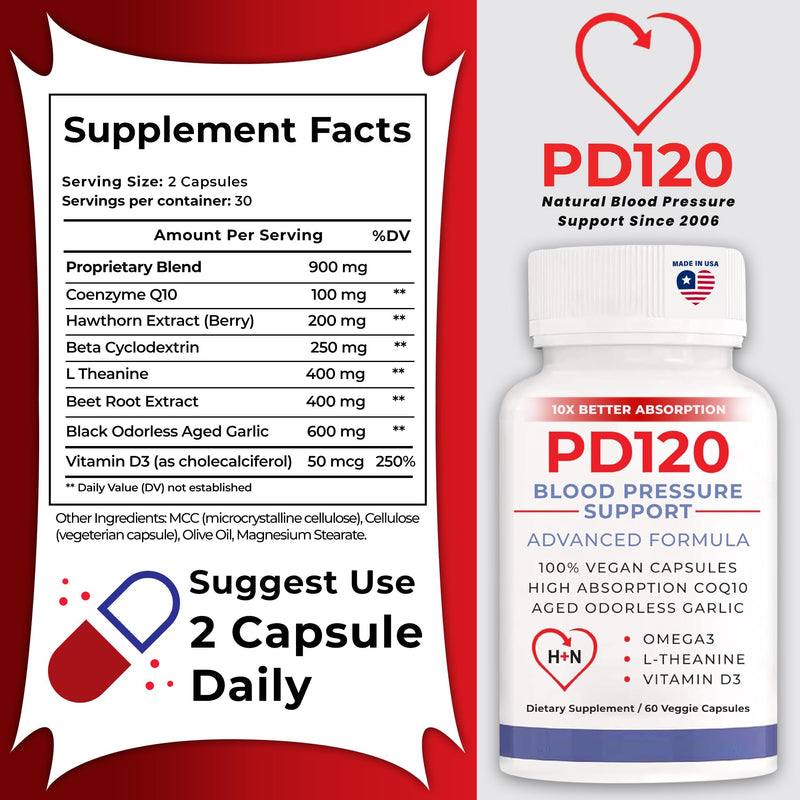 PD120 Blood Pressure Support Supplement | Heart Health | High Absorption CoQ10 Beet Root Garlic Extract Hawthorn Berry Omega-3 D3 Nitric Oxide | 2 Month Supply | 120 Veggie Caps