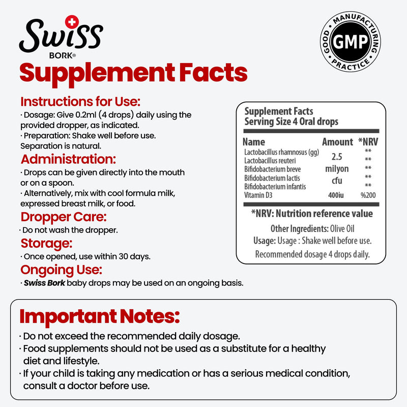 Swiss Bork Baby Probiotic Drops with Vitamin D3 — Kids Probiotics for Gut Health, Effective Digestive Support, and Colic Relief – 10ML & 45 Days’ Supply (Halal)