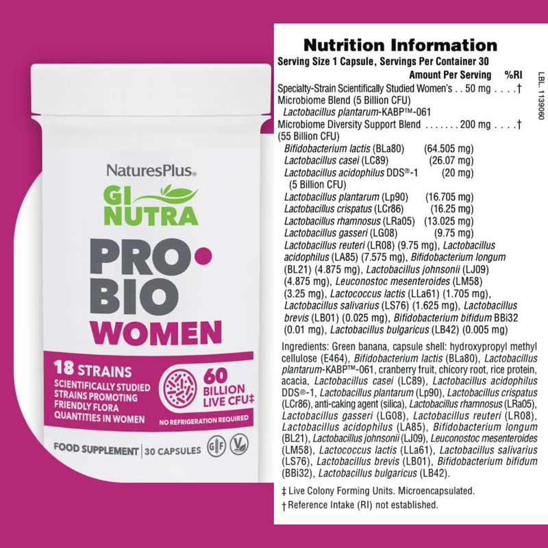 NaturesPlus GI Nutra Pro Bio Women - 18 Science Backed Strains for Women Flora with Cranberries and Prebiotics - One a Day, Vegan, Gluten Free - 30 Capsules