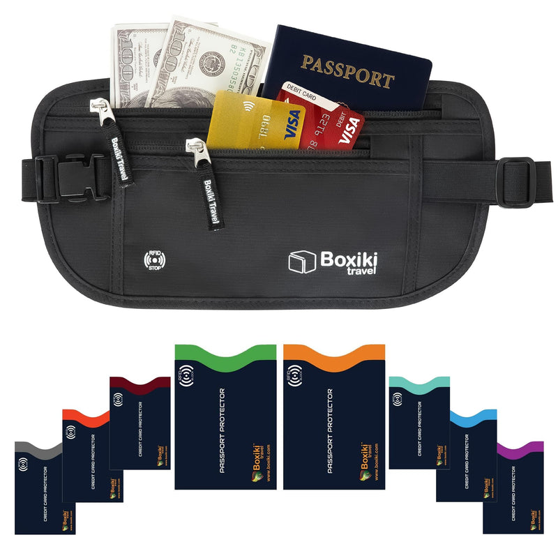 Boxiki Travel RFID Protection Bundle: Sleeves Set with Color Coding and Black Money Belt with RFID Sleeves