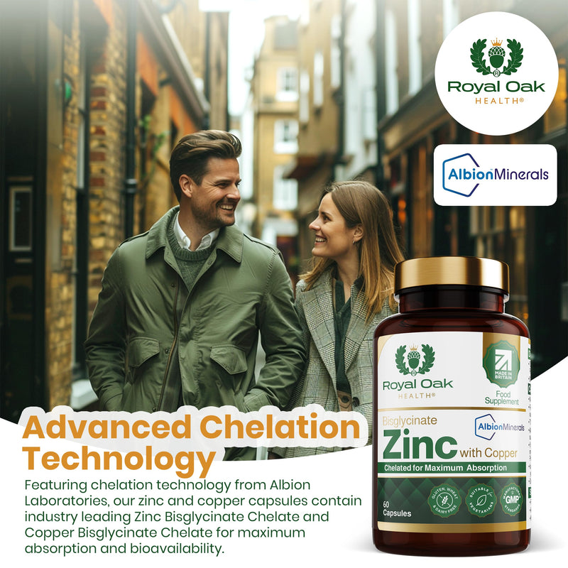 Zinc Bisglycinate 25mg with Copper (Albion Chelated) x60 Capsules (2 Month Supply) High Strength Zinc Supplement for Men & Women. UK Made By Royal Oak Health